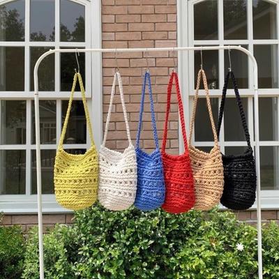 Cute Korean Style Hollow Out Knitted Weave Bag Braided Solid Color Knitted Shoulder Bag Handbag Vacation Style Beach Bag Daily