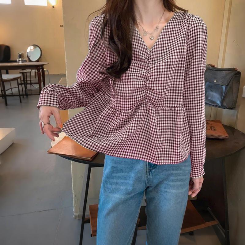 ZANZEA Women Grid Print Casual V-Neck Long Sleeve Blouse L вино красного