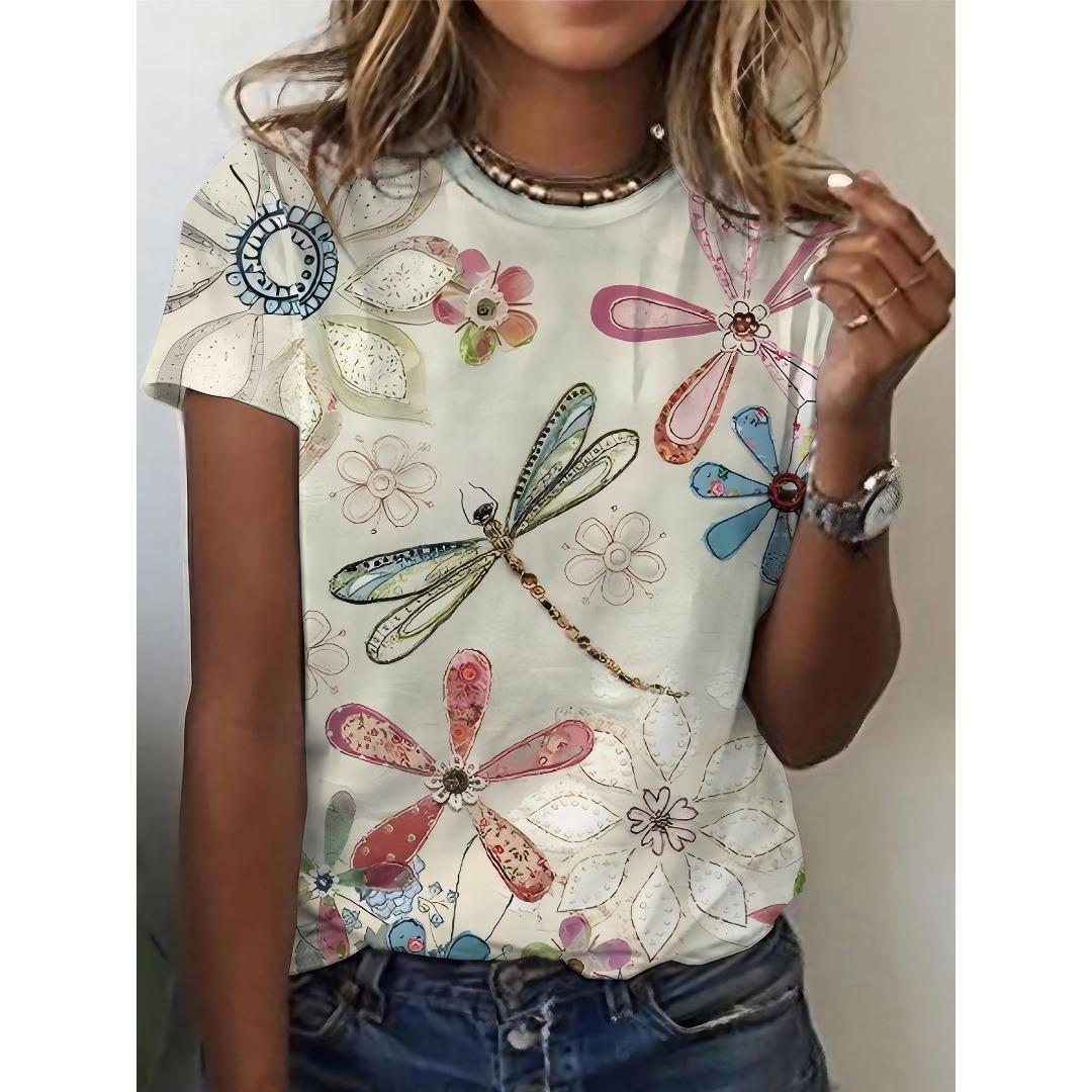 

Watercolor dragonfly print design, women s fashion tops, comfortable round neck casual T-shirt, summer short-sleeved shirt XL