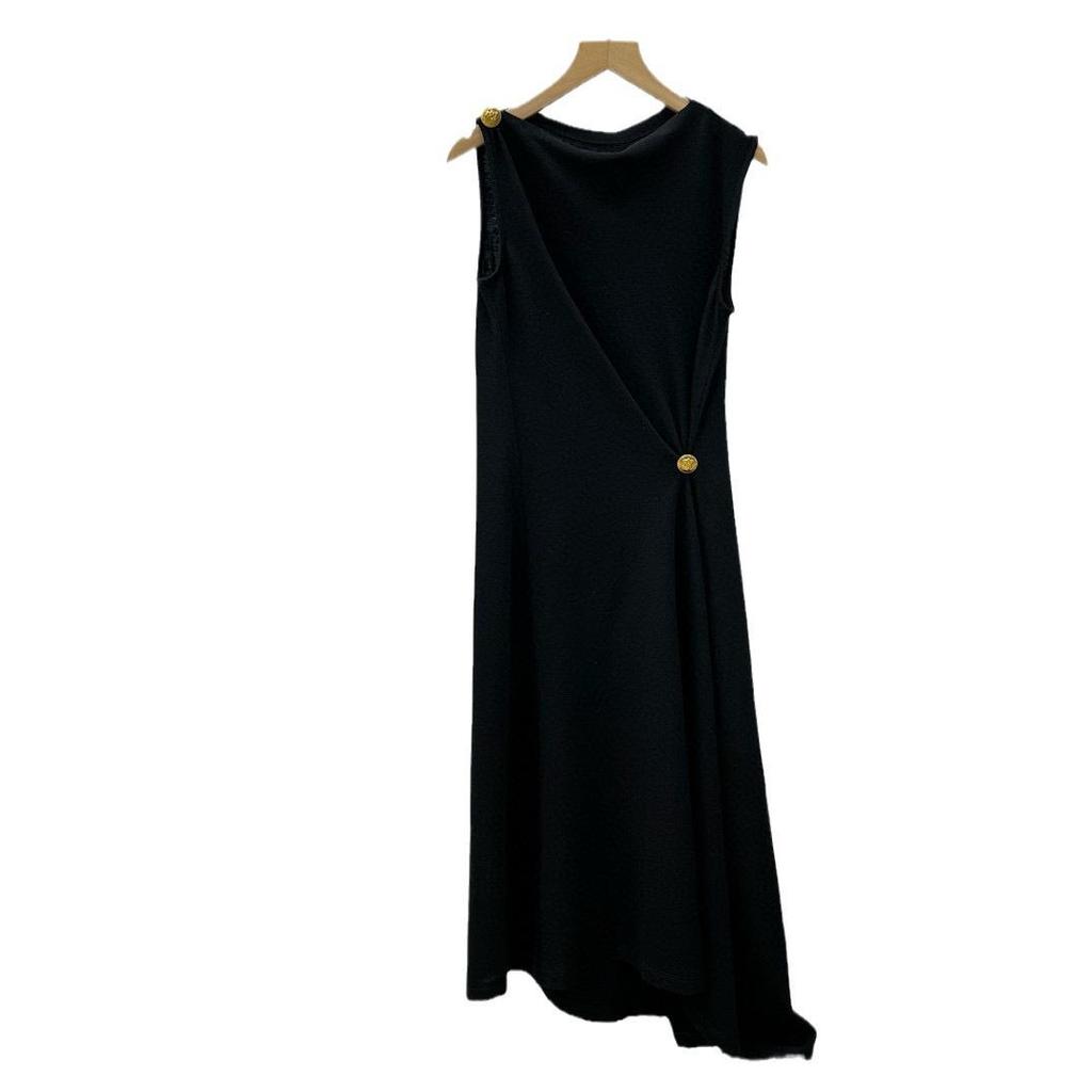 Merino Wool Blend Pleated Slimming Dress with Gold Buttons
