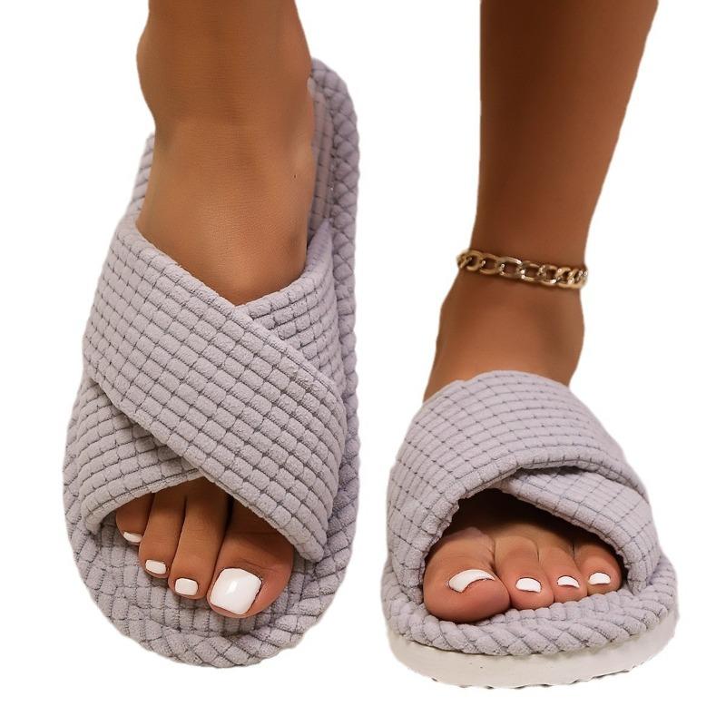 Open women's autumn and winter indoor and outdoor thick-soled warm plush shoes one-word open cotton slippers women's foam