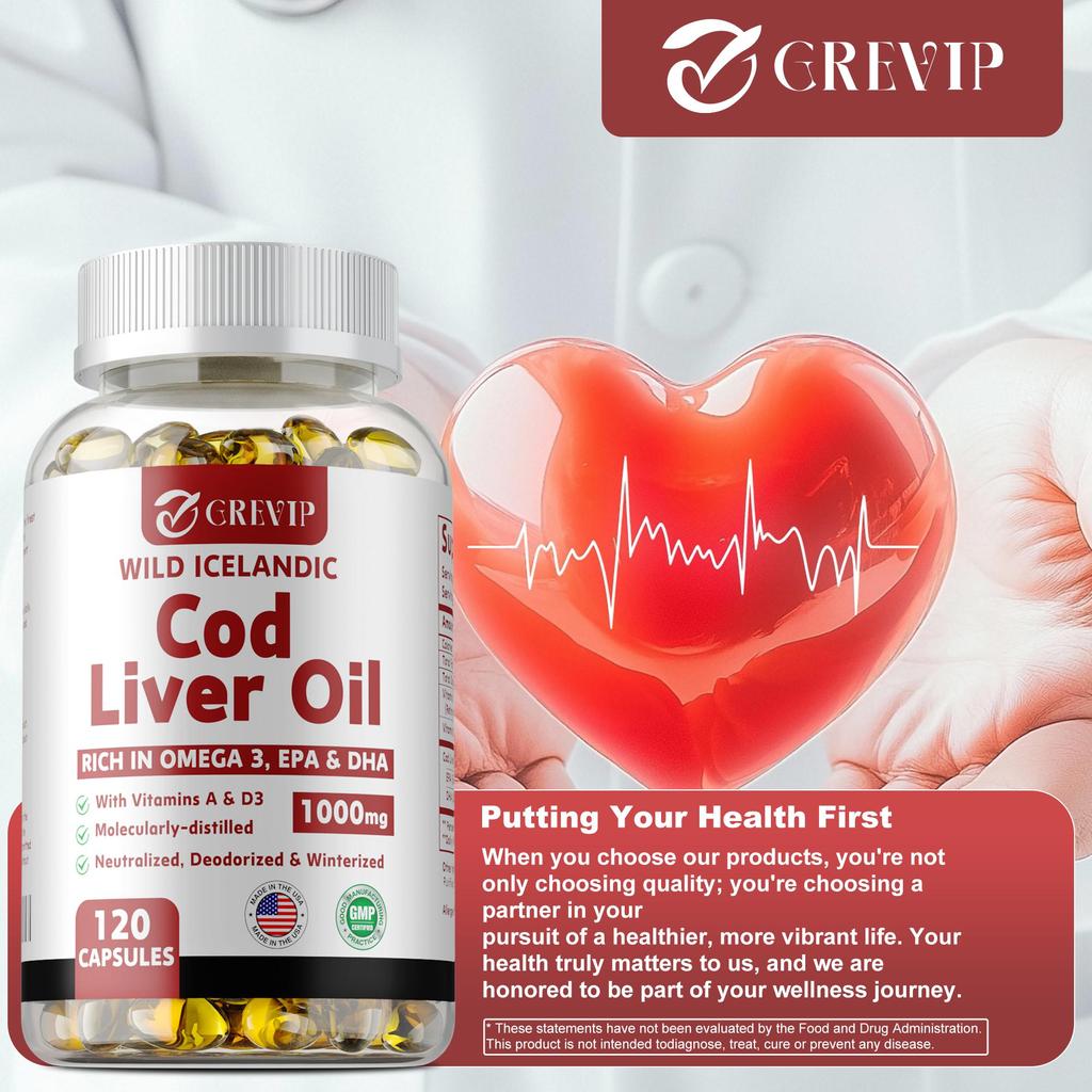 GREVIP Cod Liver Oil Capsules - Heart, Brain, Joint Health, and Immune System Health