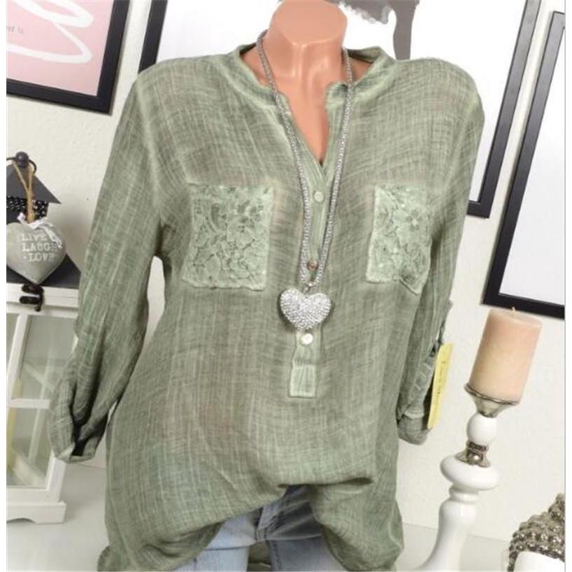 Chic Lace Shirt Autumn Women V-neck Long Blouse Loose Plus Size Sleeve S-5xl