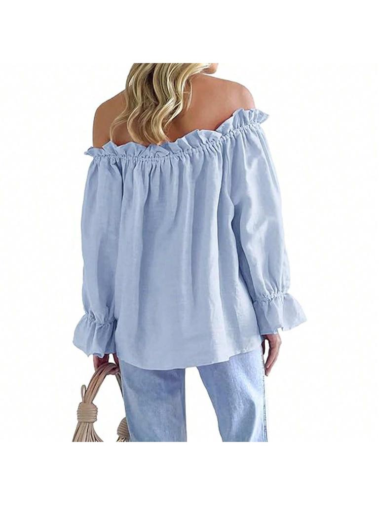 Damen Schulterfrei Bluse Langarm Rüschen Tunika Top Elegant Lässig