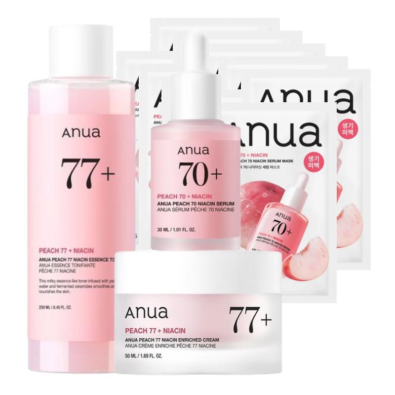 ANUA Peach 70 Niacin Brightening Skincare Set (Sheet Mask 10 Sheets + Essence Toner 250ml + Serum 30ml + Cream 50ml)
