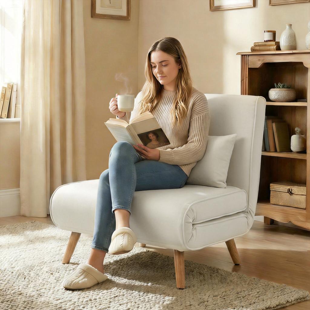 Convertible Chauffeuse Chair 3-in-1 Armchair Bed Single Bed 5-Position Backrest In Fabric with Cushion, Cream