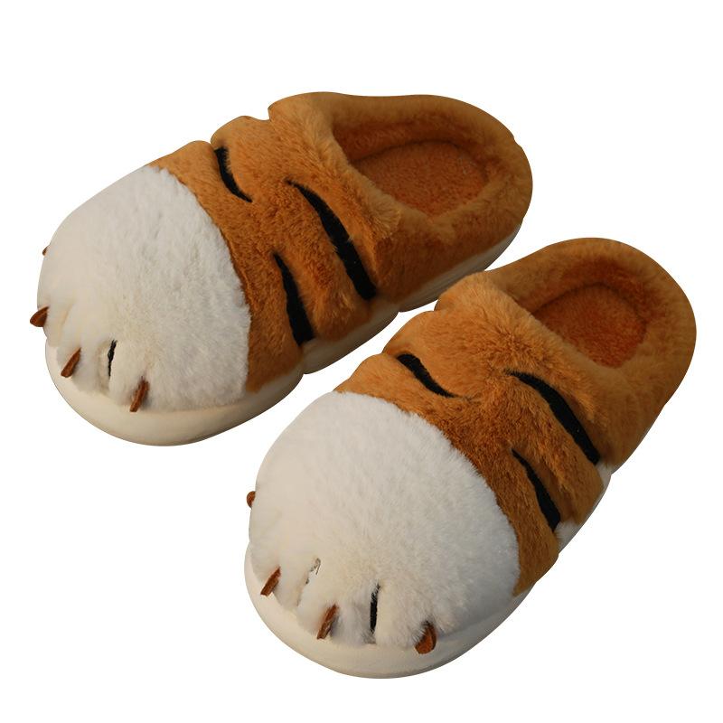 Fashion Cartoon Tiger Paw Slipper Winter Indoor Warm Fur Shoes Slides Cute Animals Plush Platform Design Claw Ladies Home Slippers
