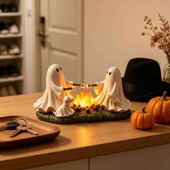 LED Light Up Bonfire Statue Ghost Roasted Marshmallows Ornament, Durable Resin Cute Halloween Desktop Ornament for Fireplace Craft, Decorative