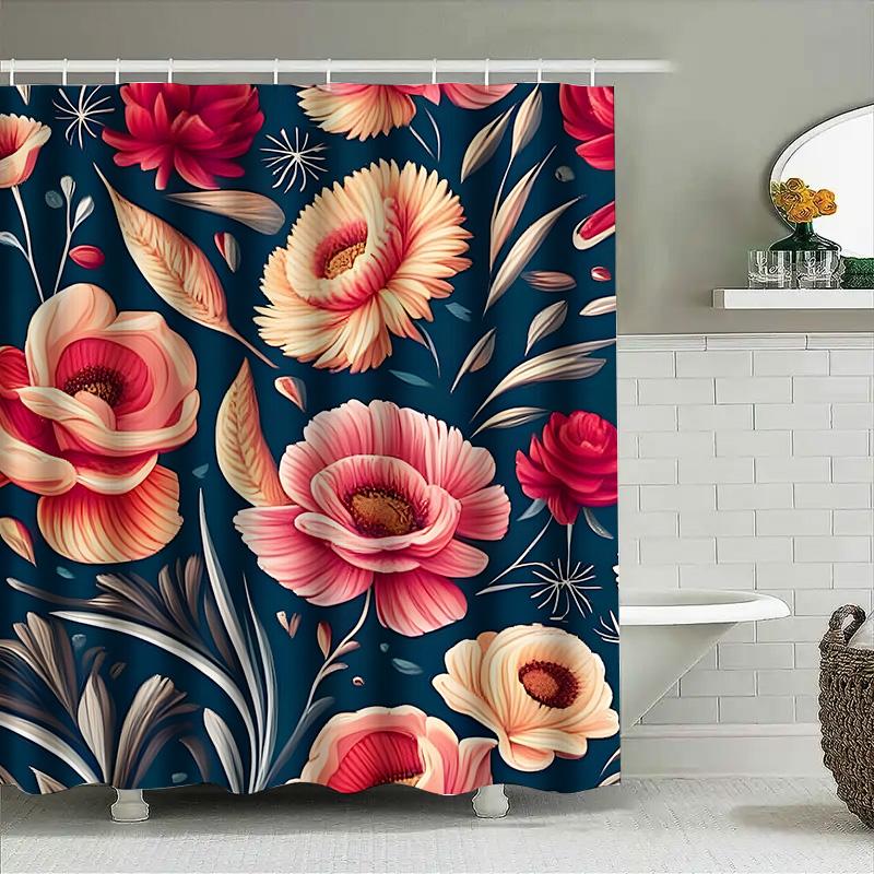 Vibrant Floral Shower Curtain Dark Blue Background With Pink White Flowers Pattern Decorative Bath Shower Curtain Set For Bathro
