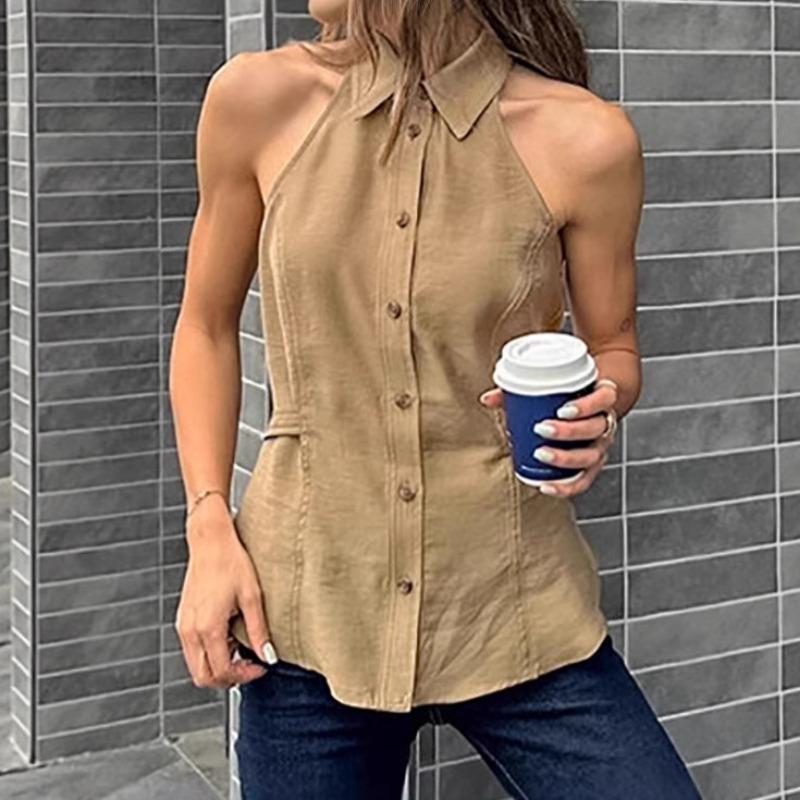 Women S Khaki Lapel Sleeveless Buttoned Slim Fit Commuter Vest S хаки