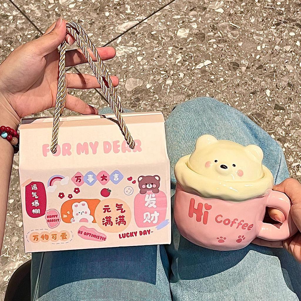 High-value Bear Mug with Lid Spoon, Cute Ceramic Water Cup for Girls' Birthday Gift, Cup Companion Gift