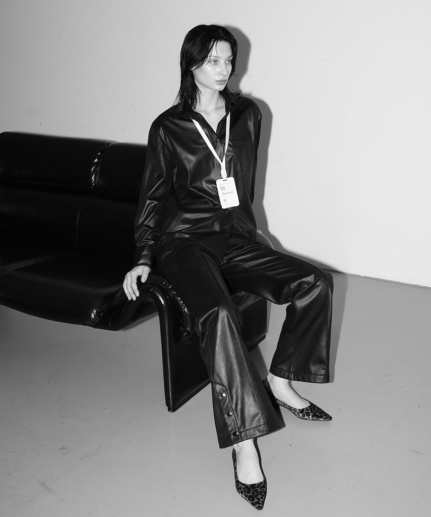 320SHOWROOM Faux Leather Side Slit Button Elastic Fleece-Lined Bootcut Pants Black