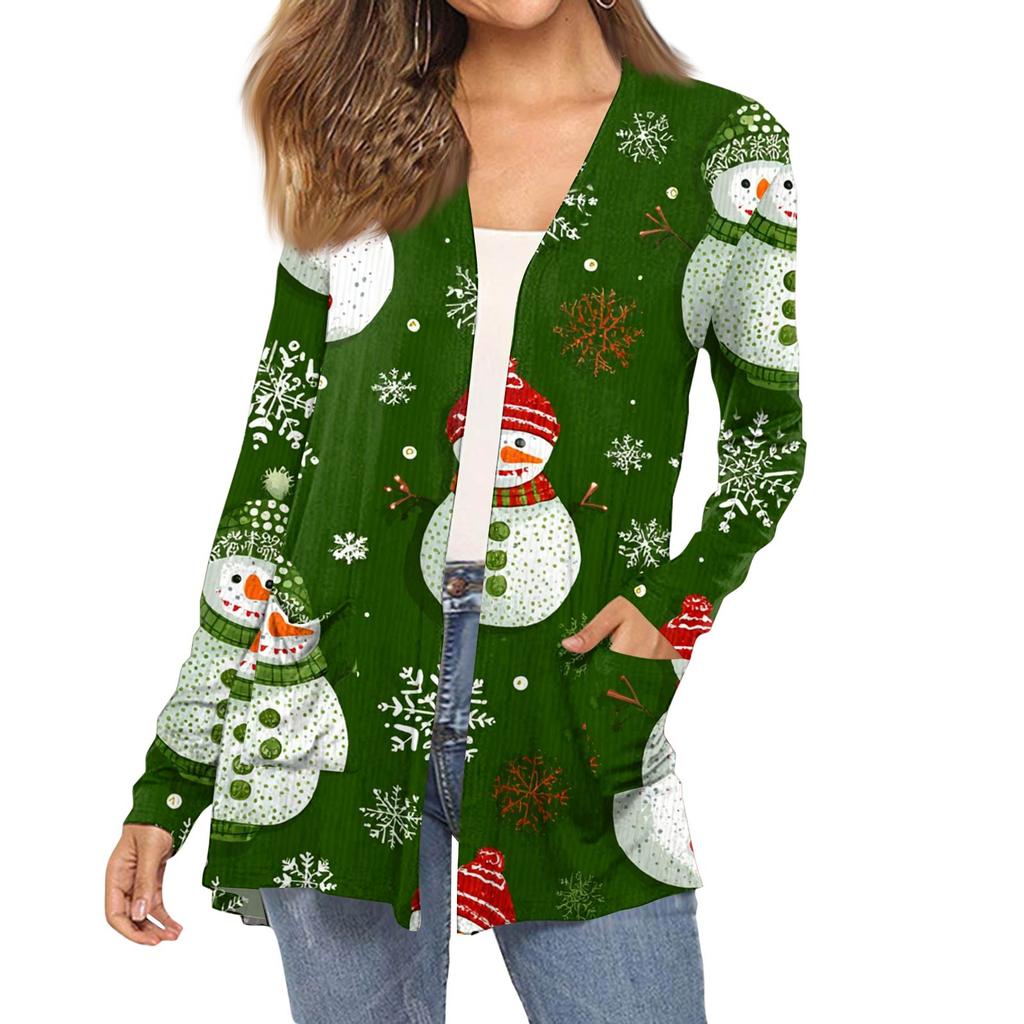 Women's Fashion Christmas Print Long-Sleeved Pocketed Slim-Fit Cardigan Coat