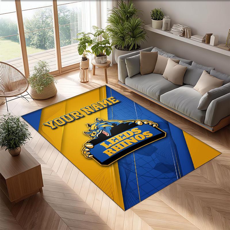 Leeds Rhinos Crystal Velvet Rug, Custom Name Text Personalized Non‑Slip Floor Mat for Home Decor Gift