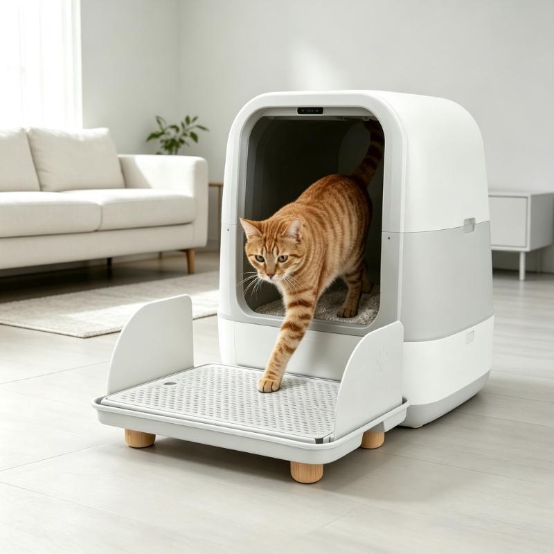 Pet Litter Tray Step with Perforated Top and Entry Platform, Side Guards and Wooden Legs for Kittens Senior Cats Home Daily Y5GB