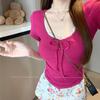 Pure Desire Wind Rose Red U-neck Short-sleeved Front Shoulder T-shirt Women's Summer Bow Lace Sweet Hottie Short Top