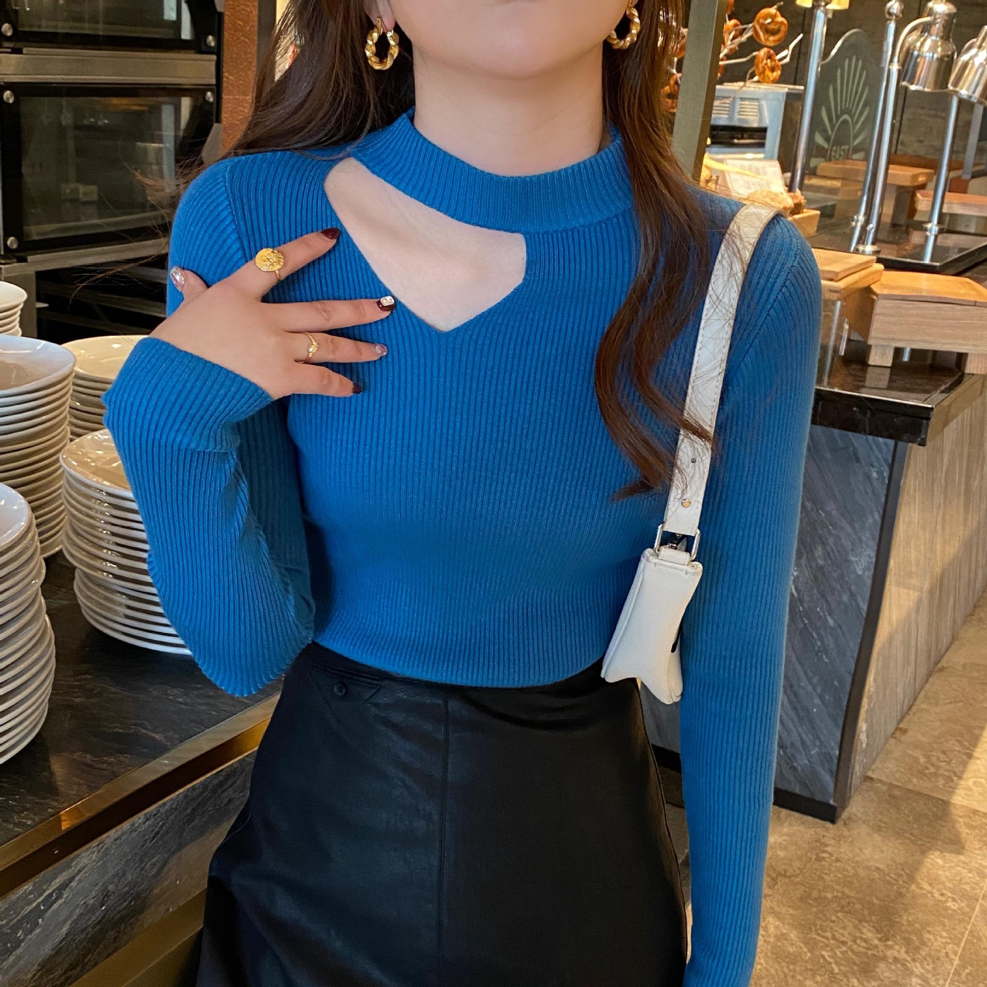 

Базовые женские свитера с вырезом, осенне-зимние топы, тонкий джемпер, мягкий теплый женский пуловер, вязаный свитер 2025 One Size синий