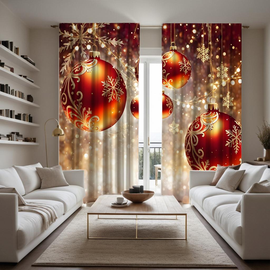 2pcs HD Christmas Snowflake Red Drop Ball Solid Decorative Curtain Yellow Tie Digital Printed Curtain Home Decoration Style D