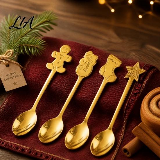 Home Afternoon Tea Accessories 4Pcs Christmas Stainless Steel Spoons Set, Gingerbread Man Tree Coffee Flatware Set Stirring Teaspoons, Dessert