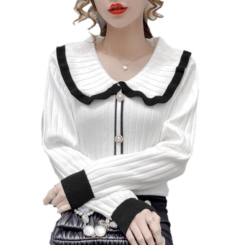 Autumn and winter new retro contrasting color doll collar sweater women's inner pullover knitted sweater