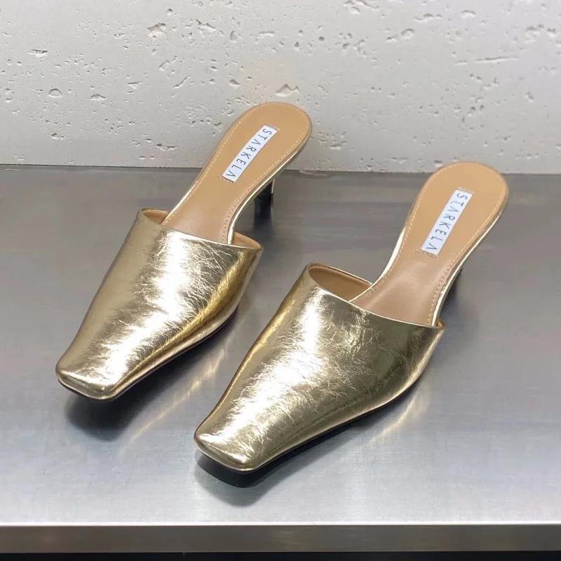 Square Toe Slippers Women High Heels Kitten Sandals Shoes Mules Fashion Summer 2025 New Leather Dress Pumps Casual Sandalias
