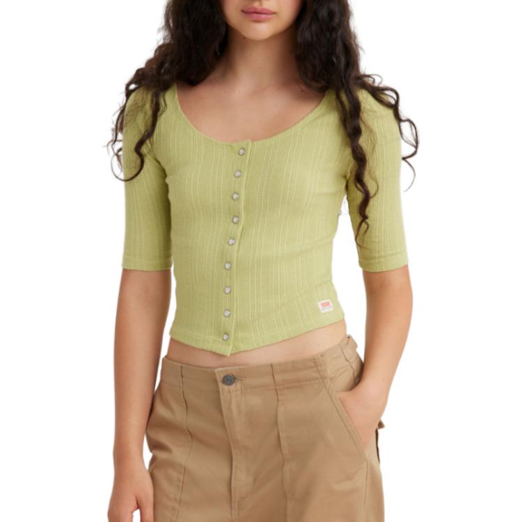 Levis Solid Color Round Neck Ribbed Slim Fit Knitted Cardigan Women Cardigans Green A4769-0003