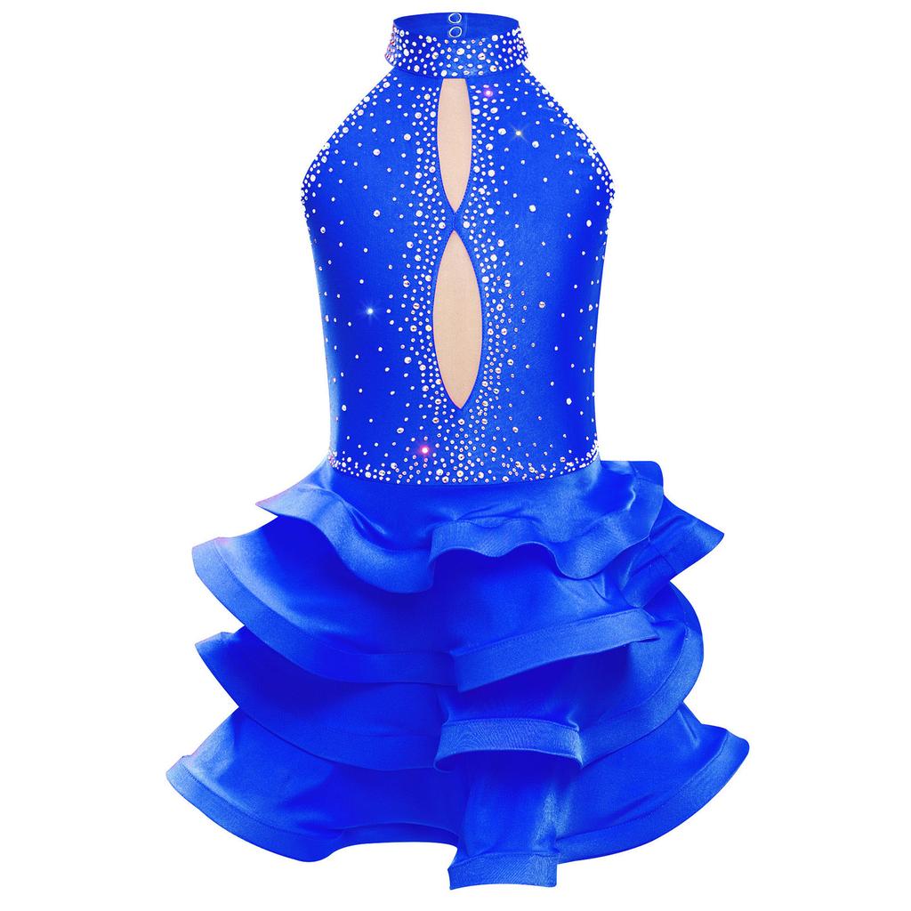 Girls Sparkly Rhinestone Latin Dance Dress Sleeveless Backless Design with Flowy Tiered Skirt for Competition