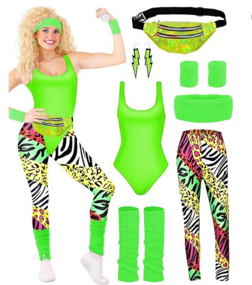 1980s Retro Outfit 7 Piece Set Leotard Leggings Set for 80s Theme Party Cosplay Costume Dress Up M зелёный