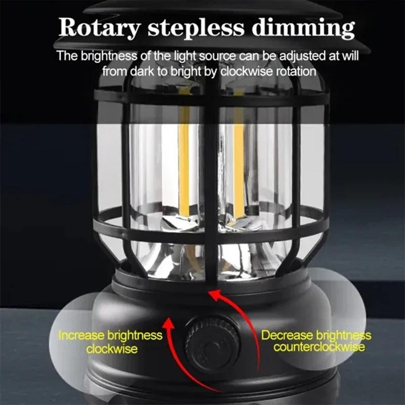 Camping Lantern USB Rechargeable Battery Powered Retro Camping Light Waterproof Hanging LED Tent Lamp for Hiking Fishing