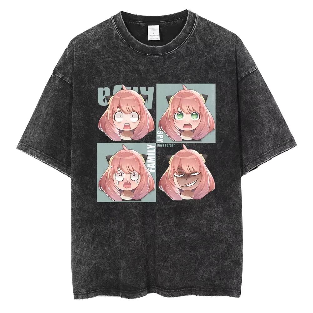 Japan Anime Spy X Family Anya Bond Graphic Print T-shirt Men Women Manga Vintage Washed O-neck Cotton Loose Casual Oversized Top Summer New Tee