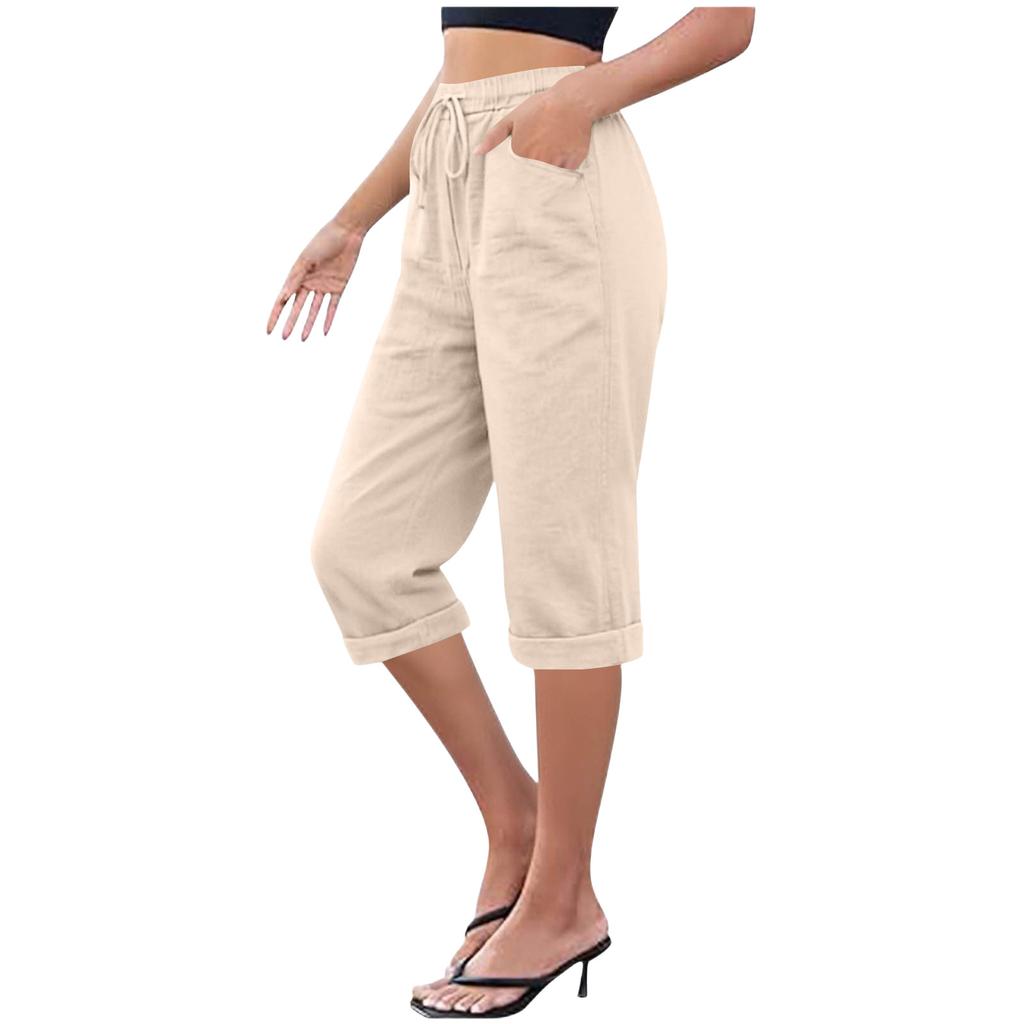 Women's Cotton And Linen Pocket Elastic Casual Pants Five Quarter Pants