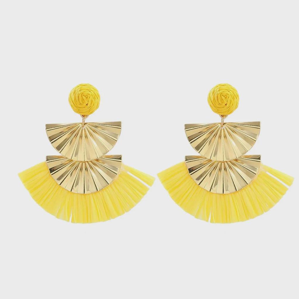 European-American Retro Fan-Shaped Raffia Earrings with Metal Leaf Design - Handmade Hair Accessories