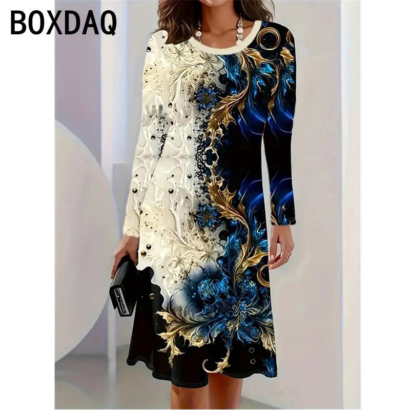 Vintage Floral A-Line Dresses Autumn Winter O-Neck Long Sleeve Casual Dress Female Elegant Bohemian Dress Vestidos Big Size
