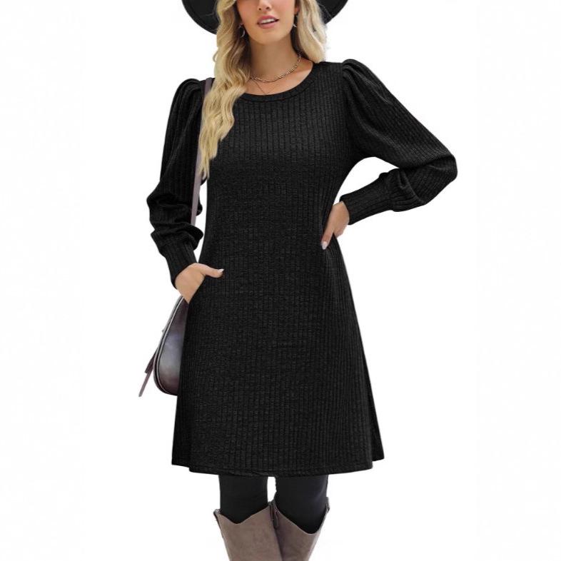 European & American Fashion Knitted Puff Sleeve Dress - Women's Autumn/Winter Casual Loose Fit with Pockets