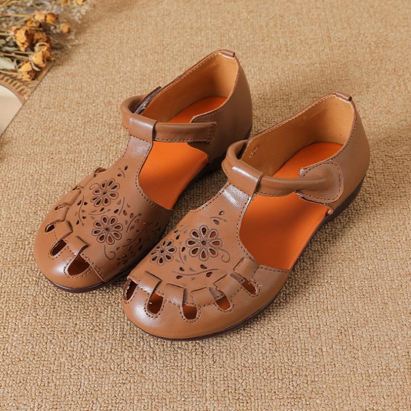 Sandals women's summer new flat-soled soft-soled hollow sandals first layer soft cowhide hollow inner women's hole shoes
