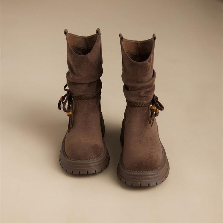 Platform Western Boots Women's 2025 New Autumn Stacking Boots Retro Bow Short Boots Knight Boots