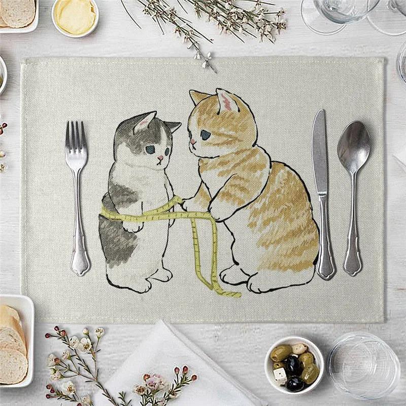 Mantel Individual Para Mesa de Comedor Lindo Gato Dibujo Animado Animal Estera Posavasos Creativo Estampado Resistente al Calor Accesorios de Cocina Comedor Almohadilla Caliente