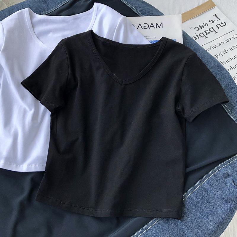 ins Skinny Short Sleeve V-Neck Solid Color Short T-Shirt Women's Summer Skinny High Waist Button Top Women