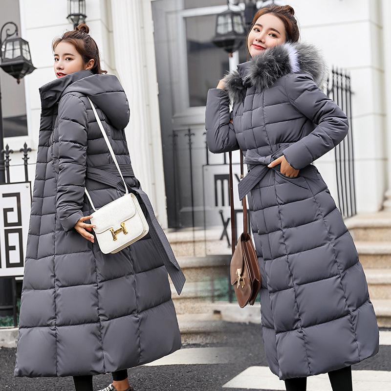 Women's Long Hooded Lace-Up Cotton Coat with Fur Collar - Korean Style, Thick & Warm, Over-the-Knee.