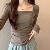 Korean style right shoulder square neck long sleeve pleated waist T-shirt women's 2024 autumn new short top for hot girls