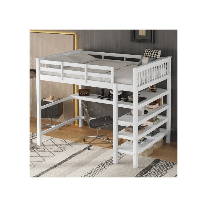 Hochbett - MUVOE - 140 x 200 cm - Integrierter Schreibtisch - Staufächer - Weiß