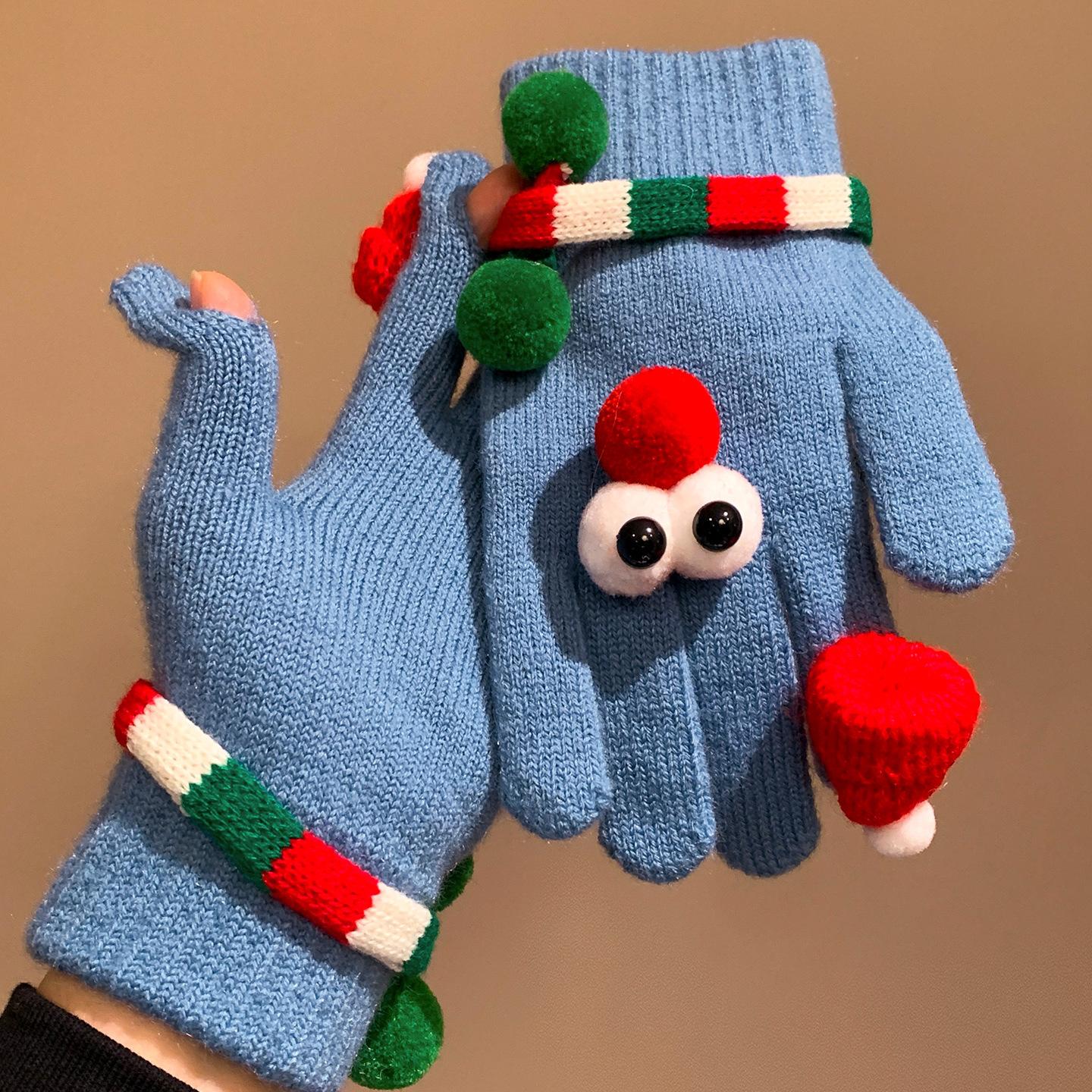 

Красная рождественская елка большеглазые перчатки женские зимние смешные милые вязаные плюшевые теплые пять пальцев ветрозащитные и от холода синий