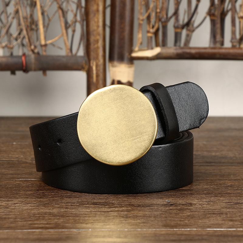 First Layer Cowhide Belt Men's Leather Smooth Round Buckle Belt Men's Korean Style Retro Easy Matching Buckle Fashion