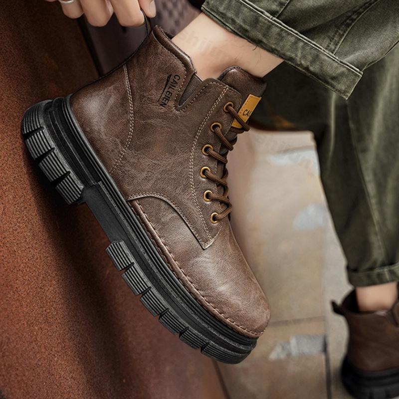 Men Vintage Work Shoes Autumn Winter New Non Slip Comfortable Platform Leather Shoes Fashion Lace Up Height Increase Short Boots