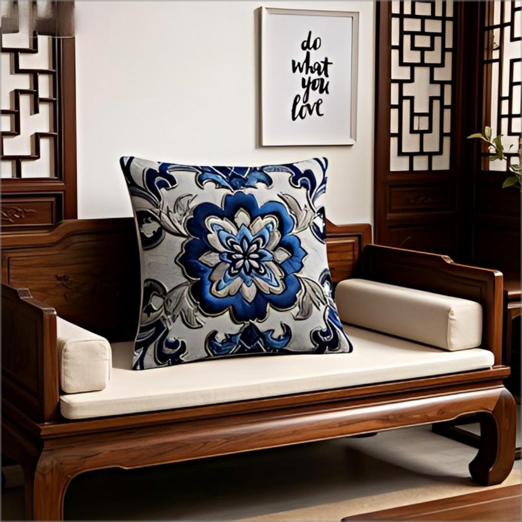 Blue Damask Floral Throw Pillow Cover Vintage Baroque Medallion Print Decorative Cushion Case For Sofa Living Room Home Decor