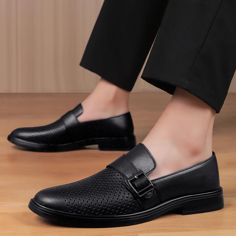 Fashion Men Genuine Leather Punching Loafers Slip-On Comfortable Casual Shoes All-match Dress Shoes for Men Business Classic Penny Flats