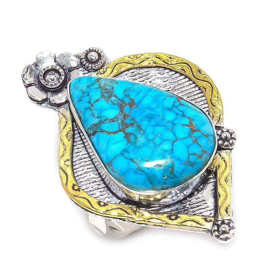 

Natural Tibetan Turquoise Gemstone 925 Sterling Silver Two Tone Ring Size 9 n2E89