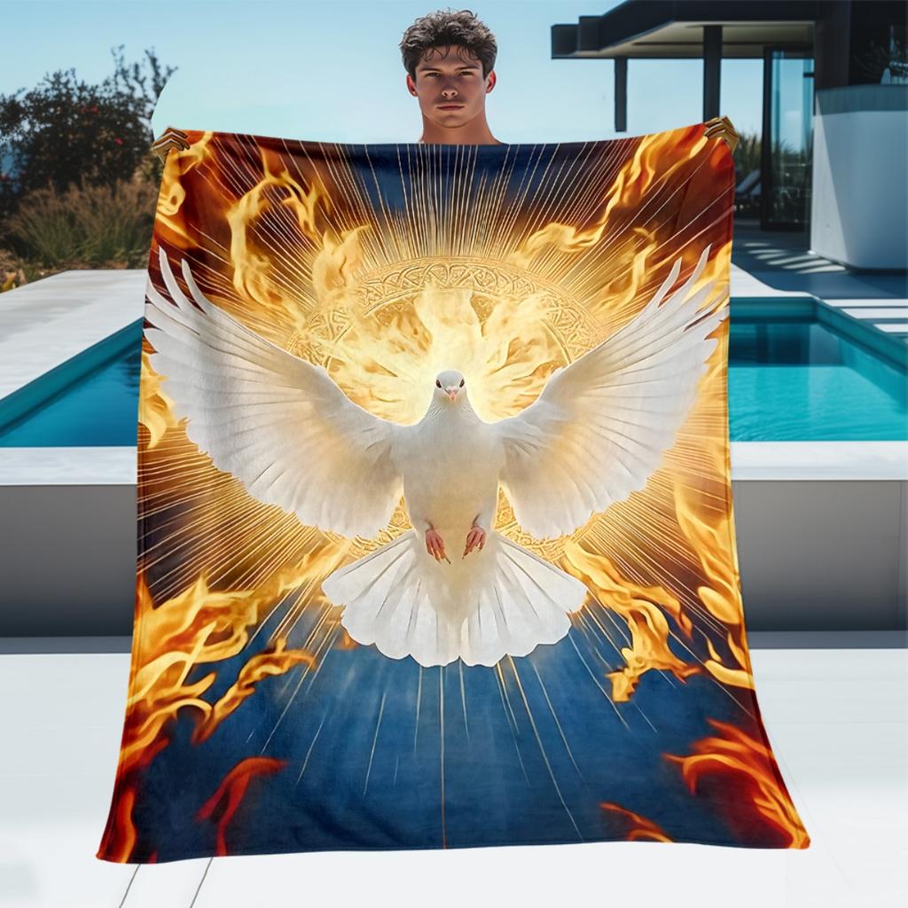 Holy Dove Flame Heaven Religious Symbol Flannel Blanket Spiritual Gift Christian Art Soft Warm Throw Cover for Home WorshipDecor