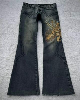 Retro-Muster Stickerei Blau Gewaschen Straße Harajuku Schwere Industrie Jeans Damen Freizeit Spleißung Schlag Schlag Jeans