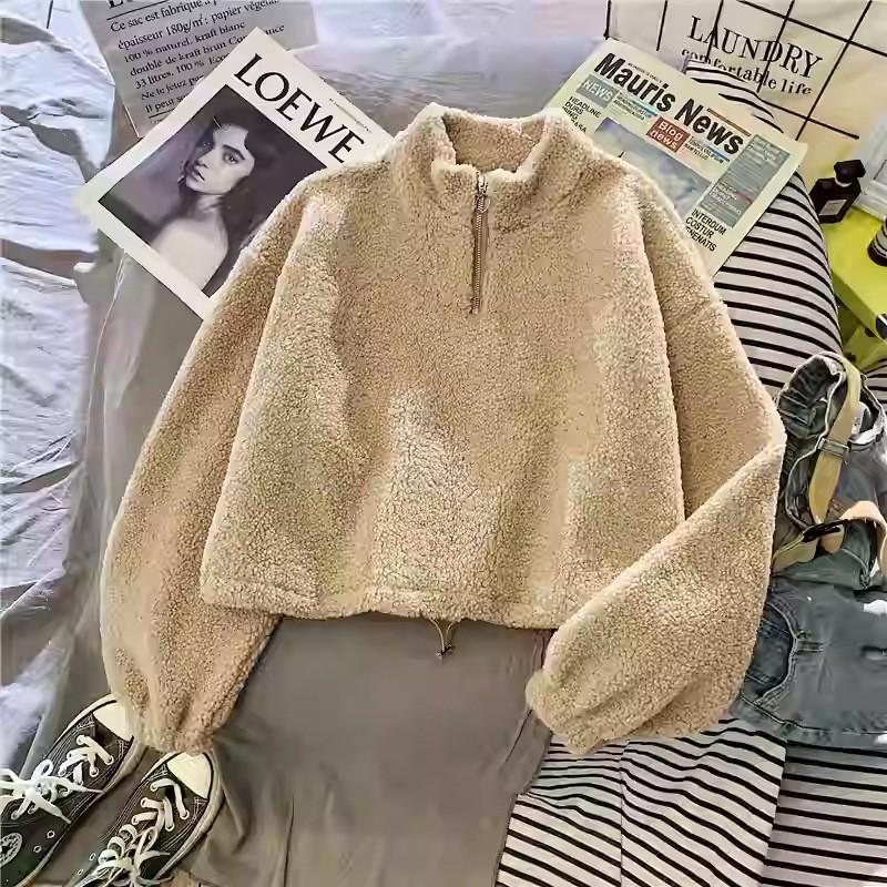 Real lamb wool short semi-turtleneck sweater women's fleece thickened loose autumn and winter zipper top jacket
